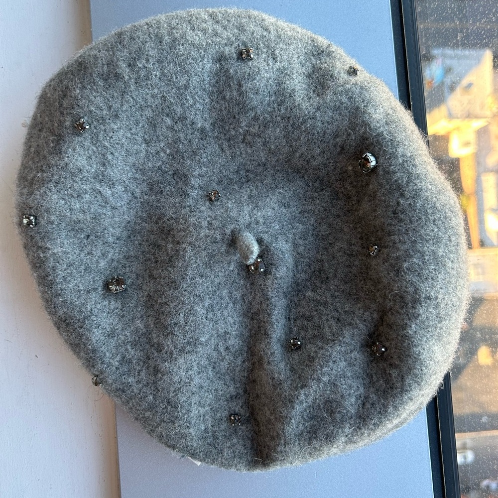 H&M Grey Y2K Wool Rhinestone Beret
